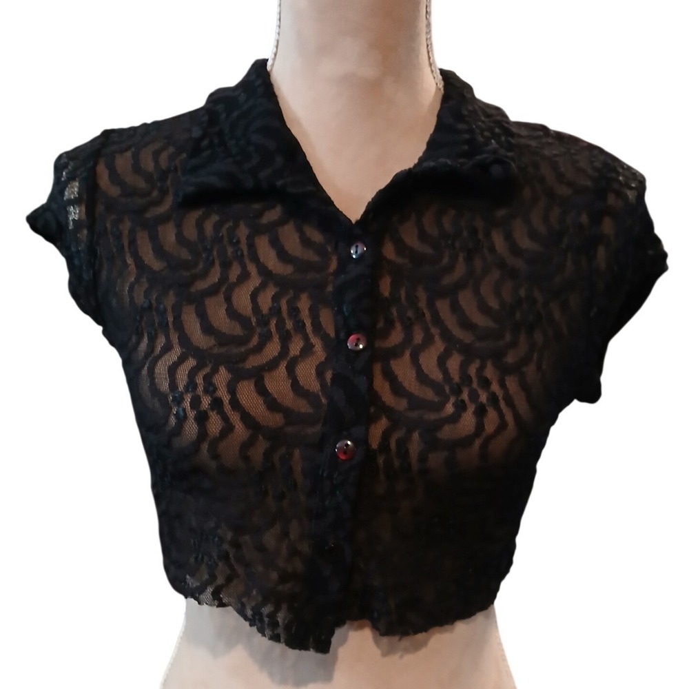 Vtg Younique Med Juniors Black Lace Cropped Button Up Collared Top Altered- Read